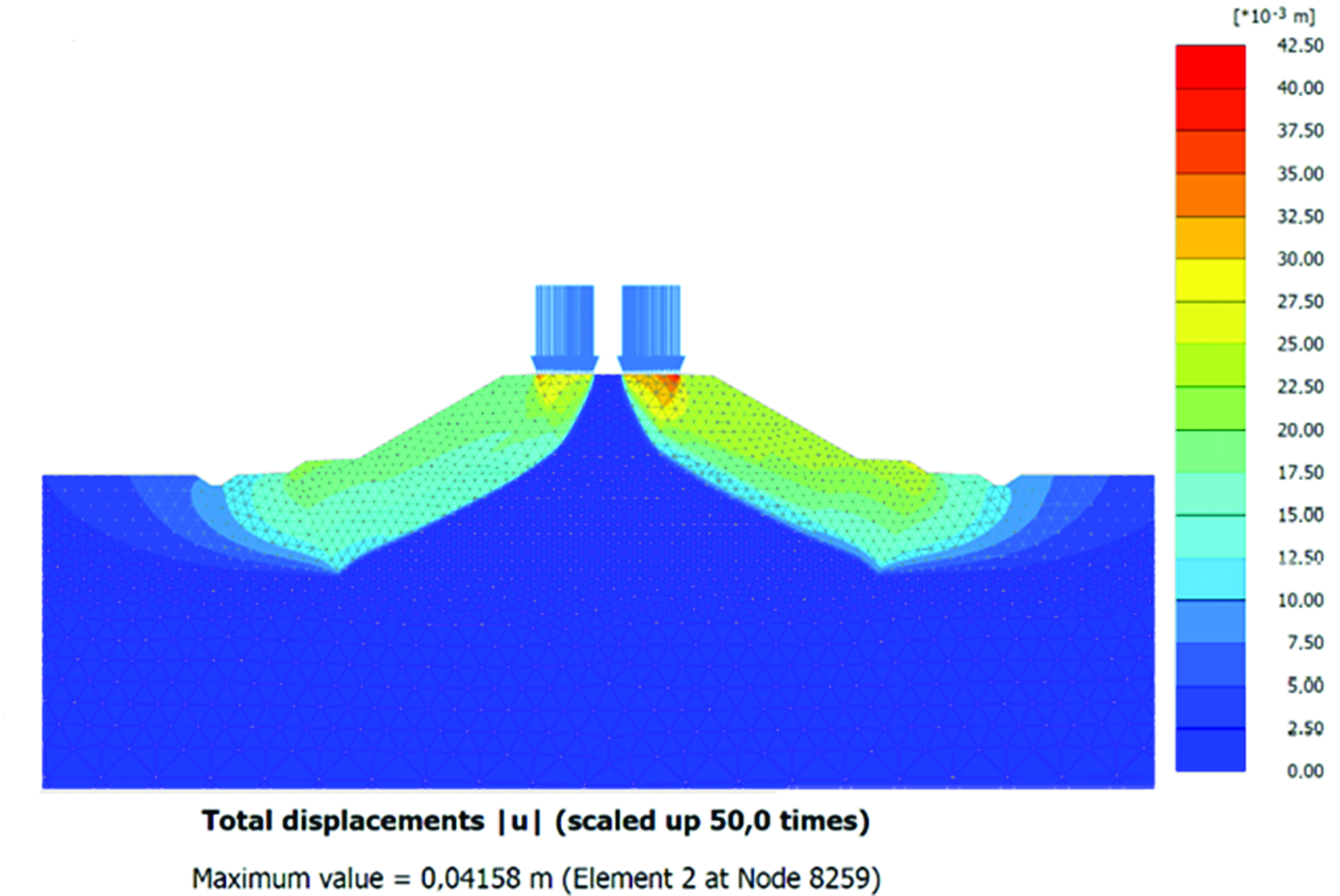  Contour line of total deformations in the model for variant 2 with a weak soil thickness of 3 m